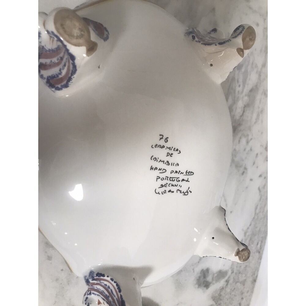 X-Large Hand Painted Floral Portugal Heavy Soup Tureen Bowl Signed - Picture 6 of 8